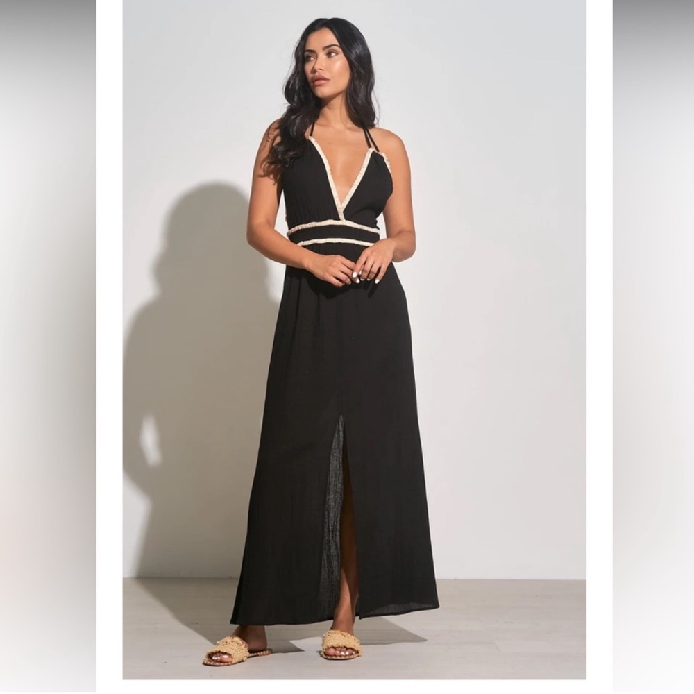 Elan Black Maxi Dress with Cream Trim